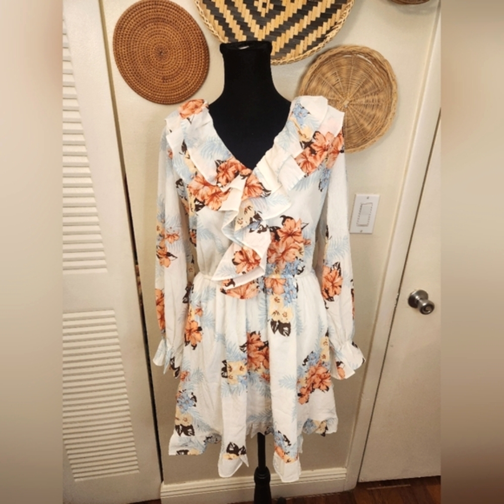 LAST ONE! Light Blue V Neck Mini Dress With Ruffles - Picture 4 of 8